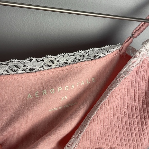 Aeropostale Pink/White Crisscross Lace-Trim Cropped Cami Adjustable Straps | XS - Picture 4 of 6